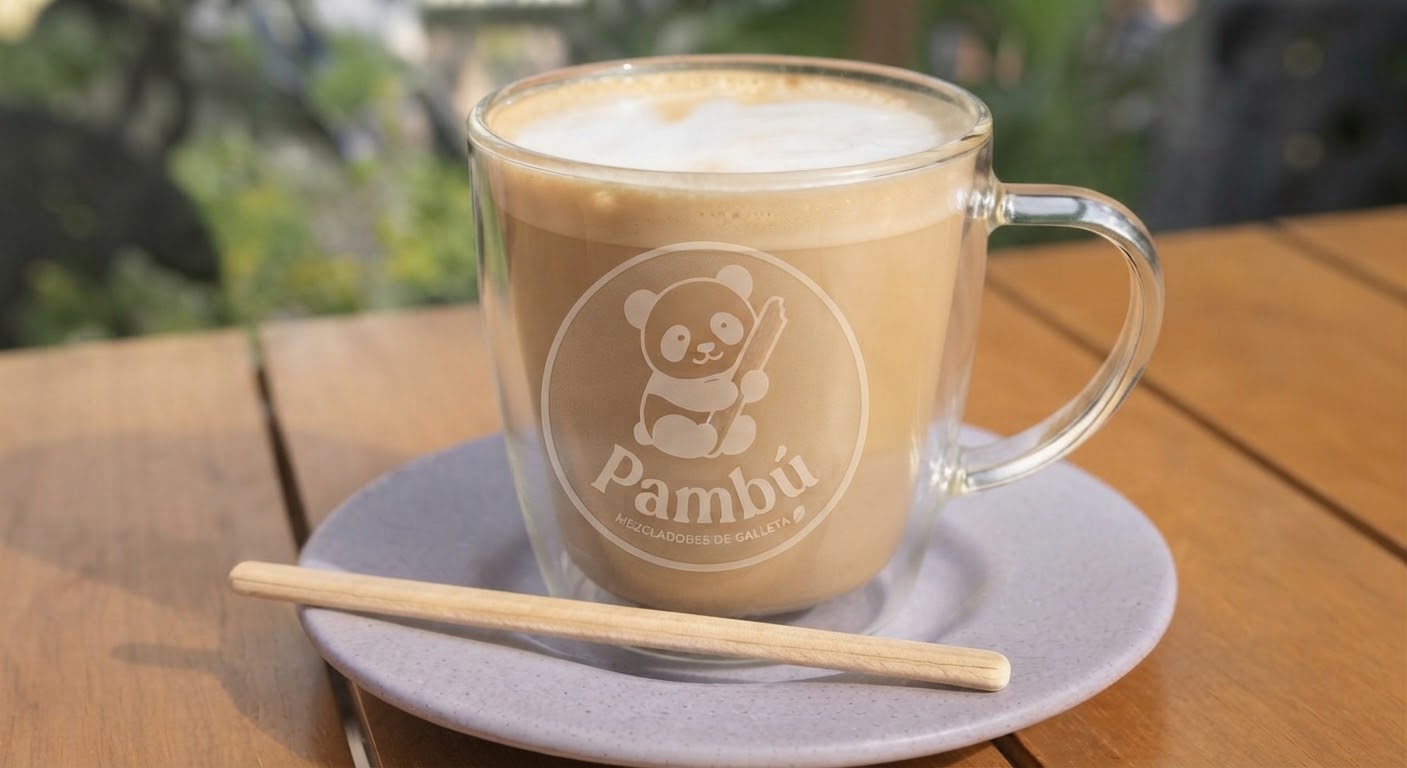 Café con leche en taza Pambú con logo grabado